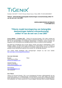 TiGenix - bekendmaking belangrijke deelnemingen (14.10.2013)