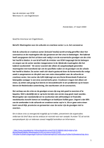 Brief Kunsten '92 aan minister van OCW Van Engelshoven over steunpakket culturele en creatieve sector 17 maart 2020